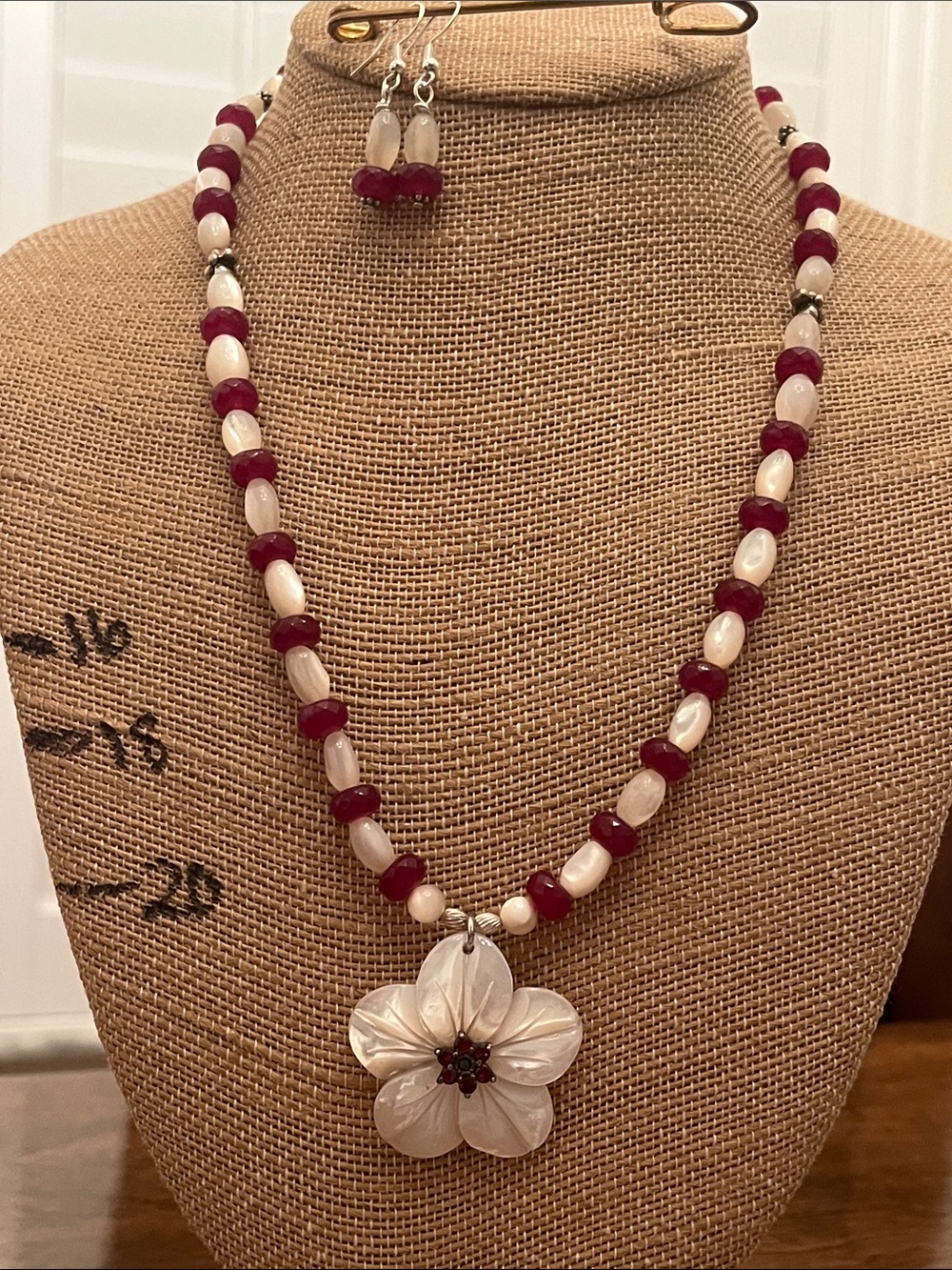 Hand-Beaded Necklace and Earrings Set Faceted Red Garnets & Mother of Pearls